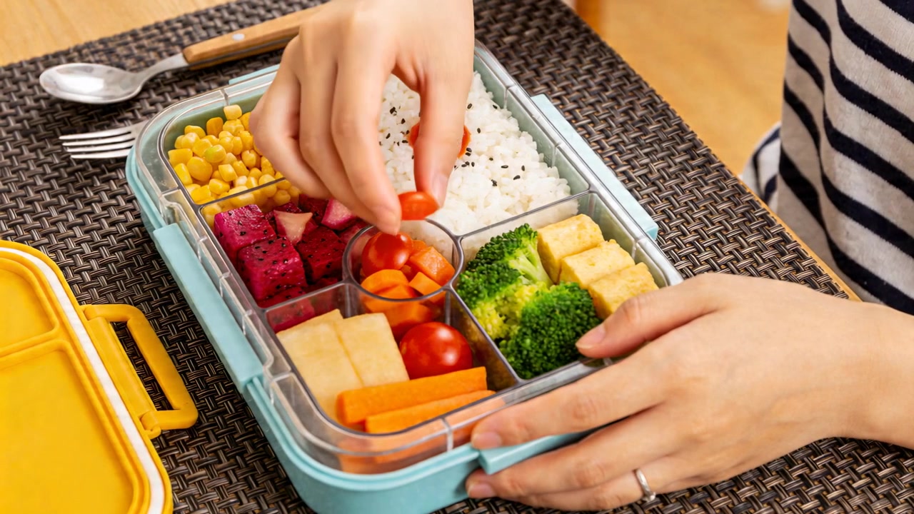 Mit offenem Deckel ordnet eine Frau in gestreiftem Hemd zu Hause Tomaten auf Reis an und bereitet ein Bento zu.