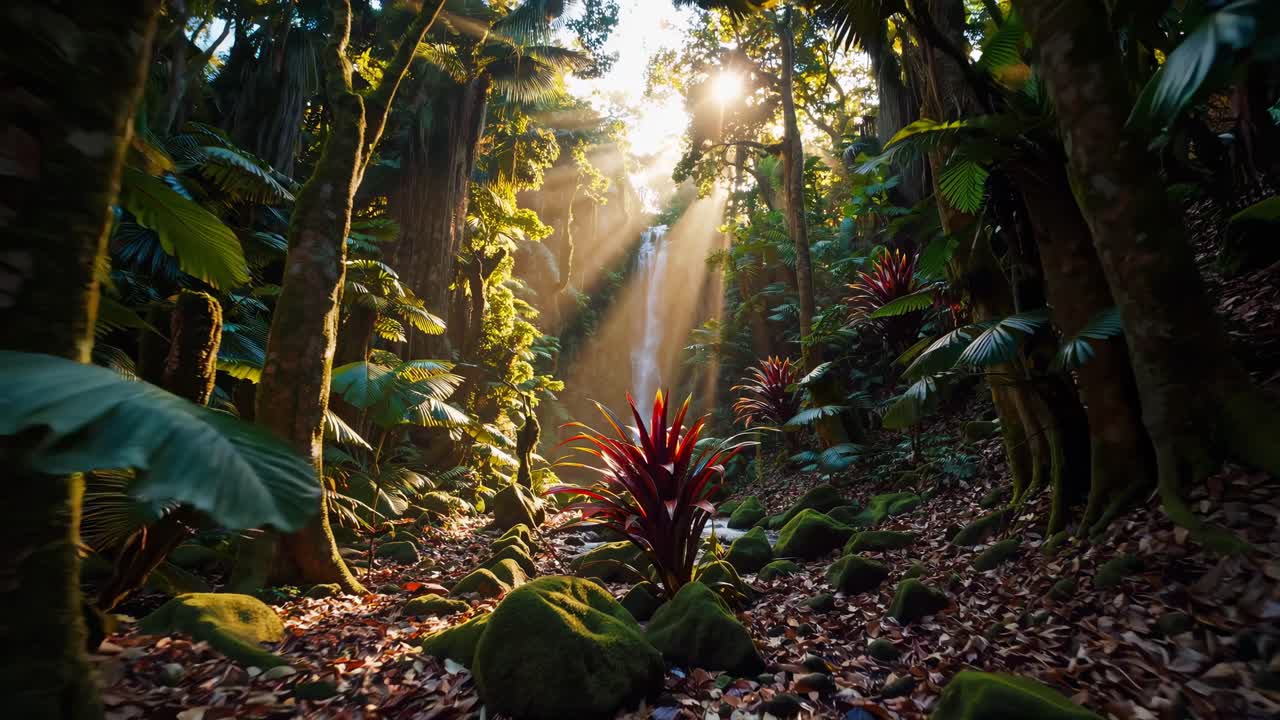 Scena di giungla lussureggiante con luce solare che filtra tra gli alberi, ripresa da una bassa angolazione.