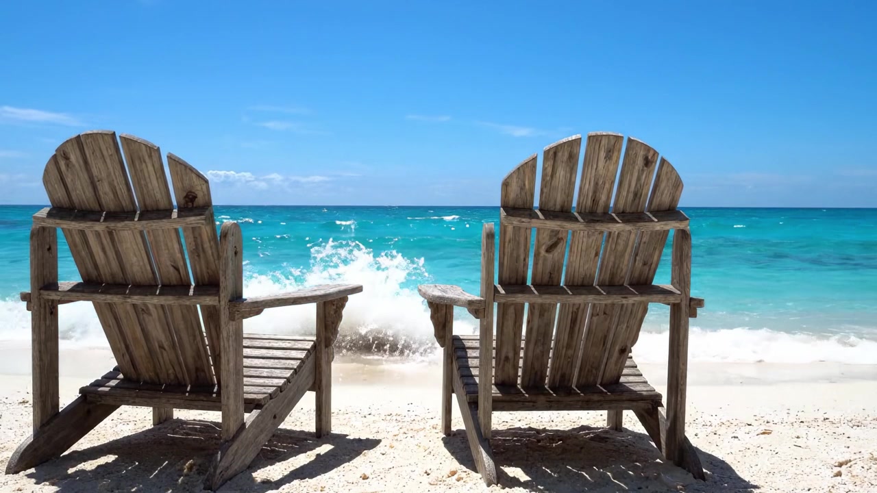 Zwei hölzerne Strandstühle mit Blick auf ein kristallklares Meer unter einem strahlend blauen Himmel, perfekt zum Entspannen und Genießen der Gelassenheit des Küstenlebens.