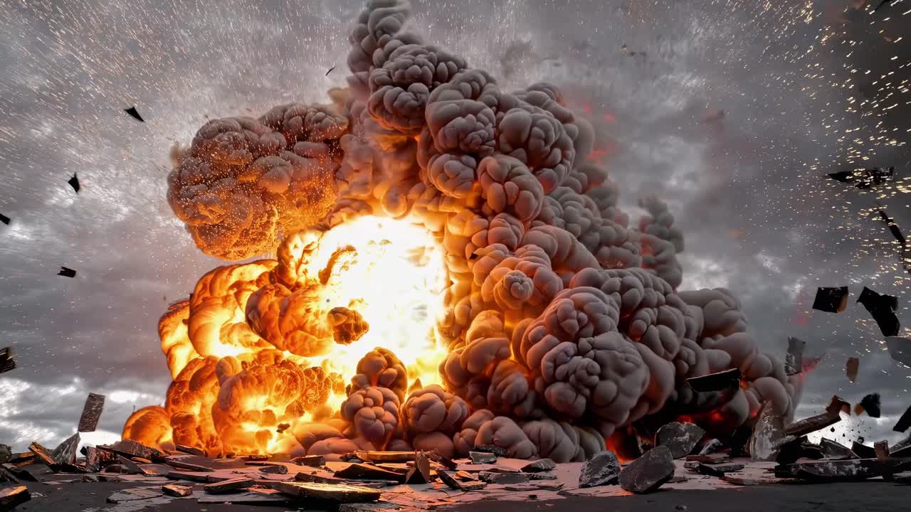 Dynamisk eksplosion fanget i slowmotion-video fra en lav engel, der viser eksplosioner og vragrester.