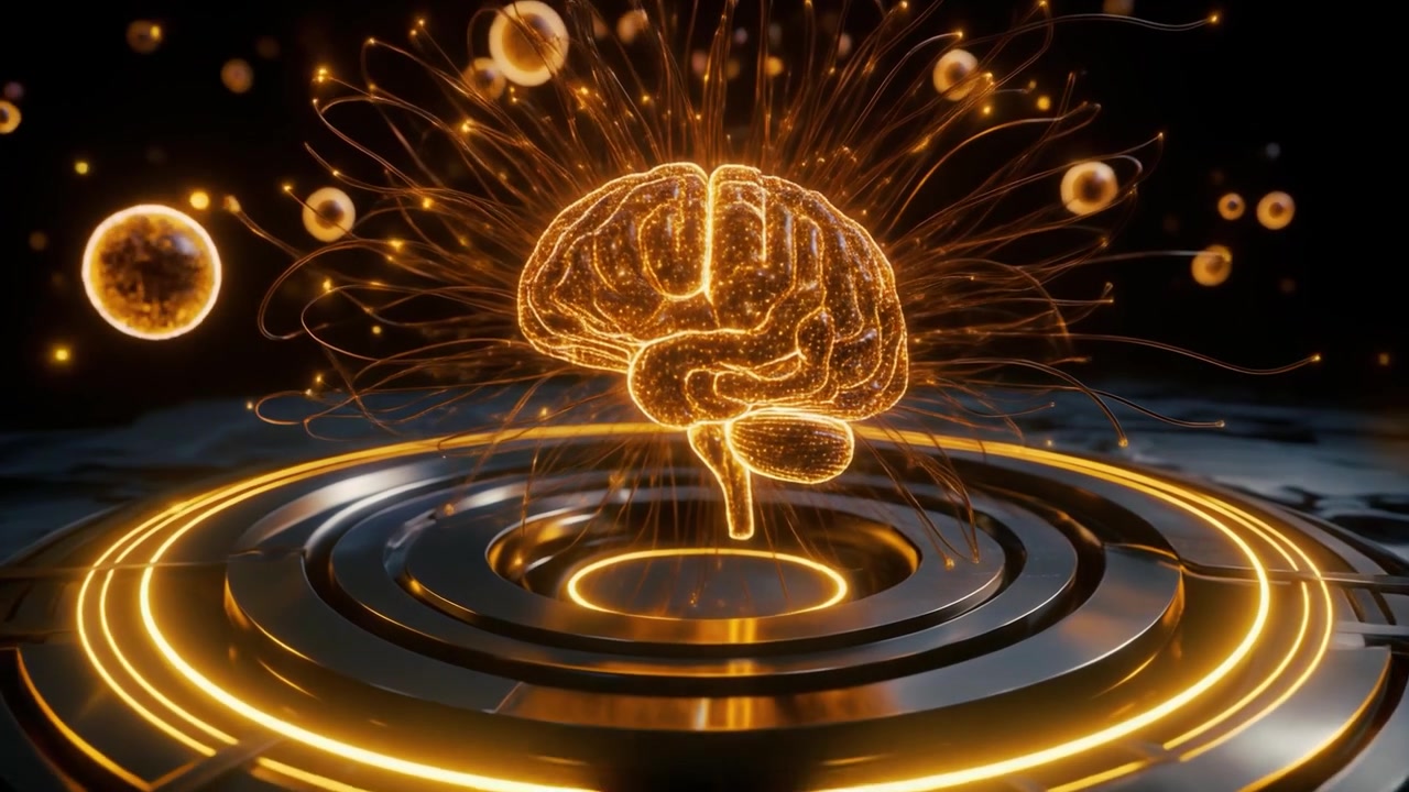Modello digitale di cervello umano luminoso che fluttua sopra una piattaforma futuristica