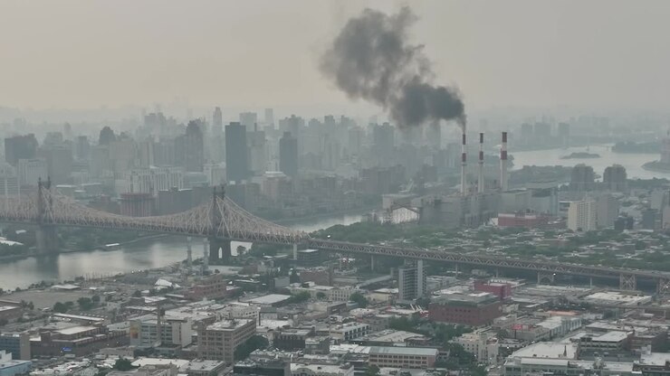Drone view of industrial New York skyline with smoke rising above river