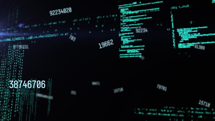 Animation of numbers and data processing over dark background