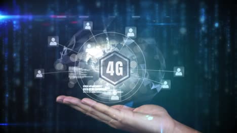 4g-Logo-Auf-Einer-Schaltfläche,-Umgeben-Von-Daten,-Die-Auf-Dunklem-Hintergrund-Verbunden-Sind