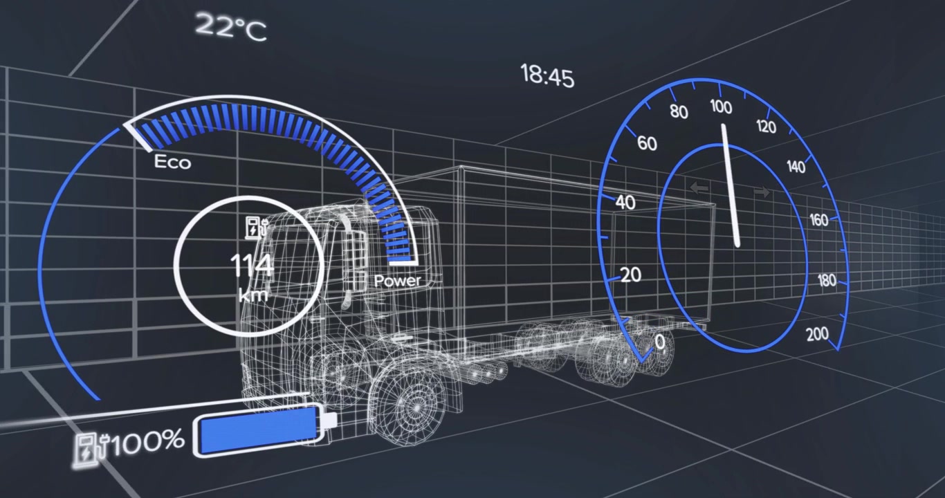 Trådmodel af lastbil med speedometer og batteriindikatorer på digitalt instrumentbræt animation.