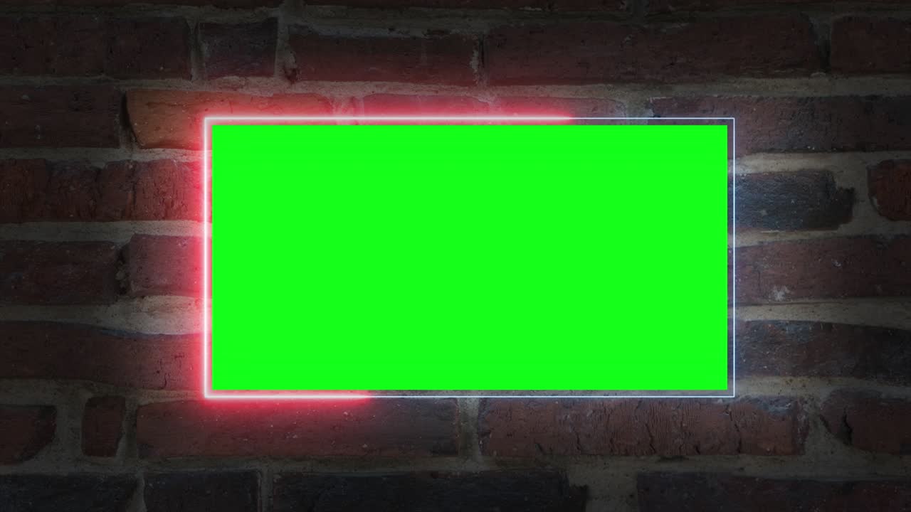 pantalla verde, neón, borde de luz led frente a la pared. pantalla en blanco, vacía para videos publicitarios.