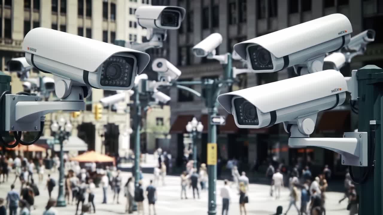 Surveillance Cameras Overseeing a Bustling Urban Scene: A Glimpse Into the Intersection of Technology, Security, and Everyday Life in a Crowded City