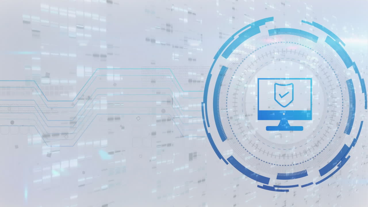 Showing flat circuit interface flowing into blue circular HUD, with monitor shield checkmark icon