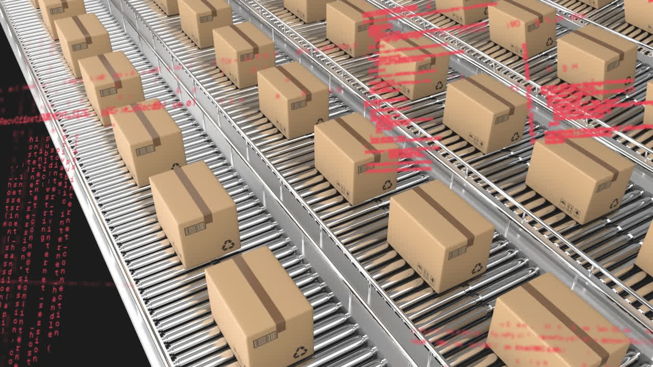 검은 바탕에 대한 컨베이어 벨트에 있는 배달 상자 위의 데이터 처리 애니메이션