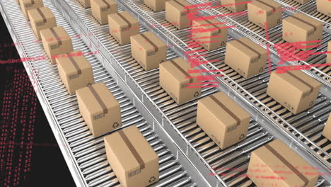animación del procesamiento de datos sobre cajas de entrega en cinta transportadora contra un fondo negro