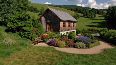 charming wooden cottage in a picturesque countryside garden