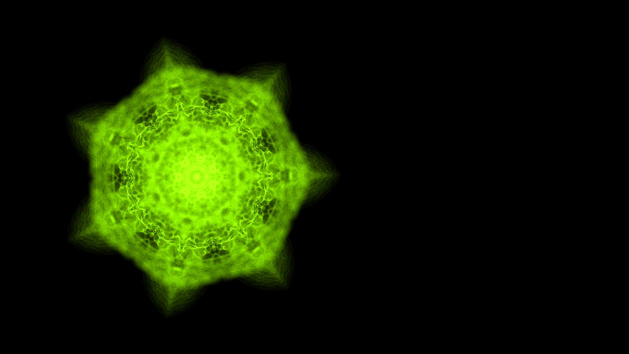 Symmetrisch patroon dat lijkt op een spinnenweb of bloem, zich verspreidend en vernauwend, van kleur veranderend op zwarte achtergrond