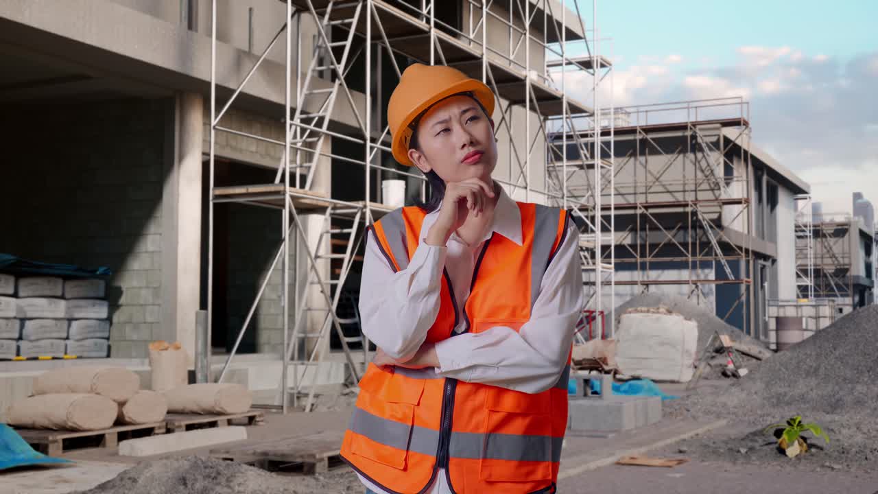 Asian Female Engineer With Safety Helmet Thinking About Something And Looking Around While Standing At Construction Site in Progress to New House