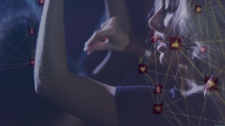 Network of social media icons and connections animation over people dancing