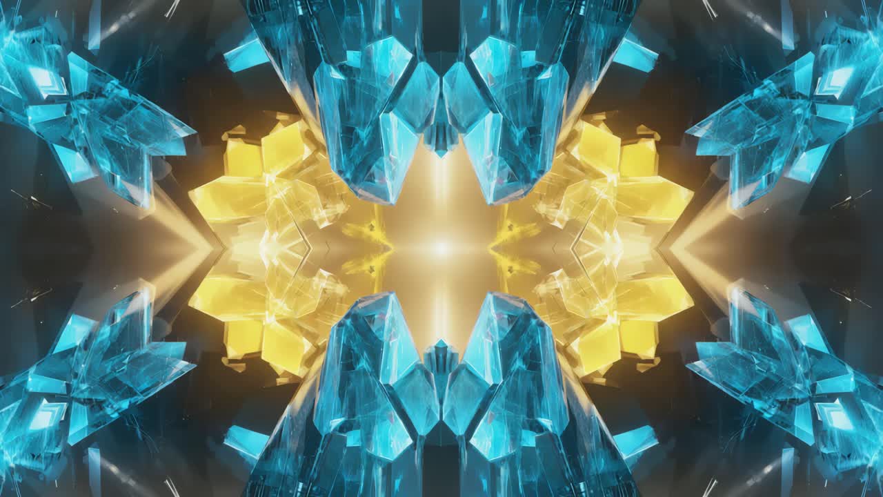 Abstract Crystal Kaleidoscope with Glowing Blue and Yellow Geometrics