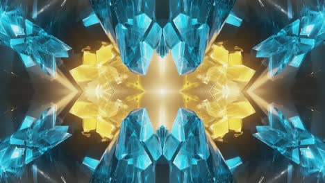 abstract crystal kaleidoscope with glowing blue and yellow geometrics