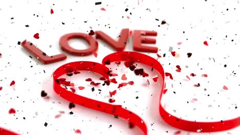 Animation-of-word-love-and-heart-shape-of-red-ribbon-with-red-hearts-and-confetti-falling-on-white