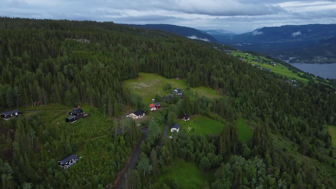 impresionante antena de casas junto al bosque y fiordo en noruega