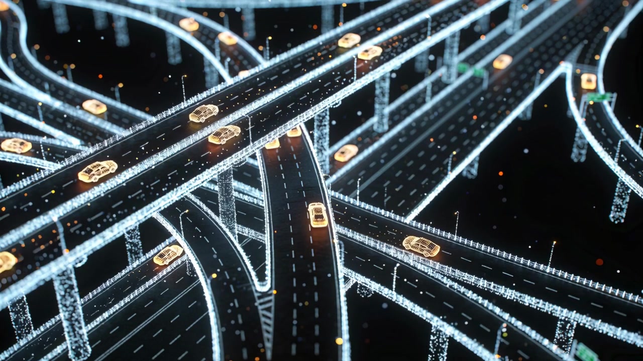 Animating glowing vehicles moving across elevated junction at night, driven by data feed with ramps