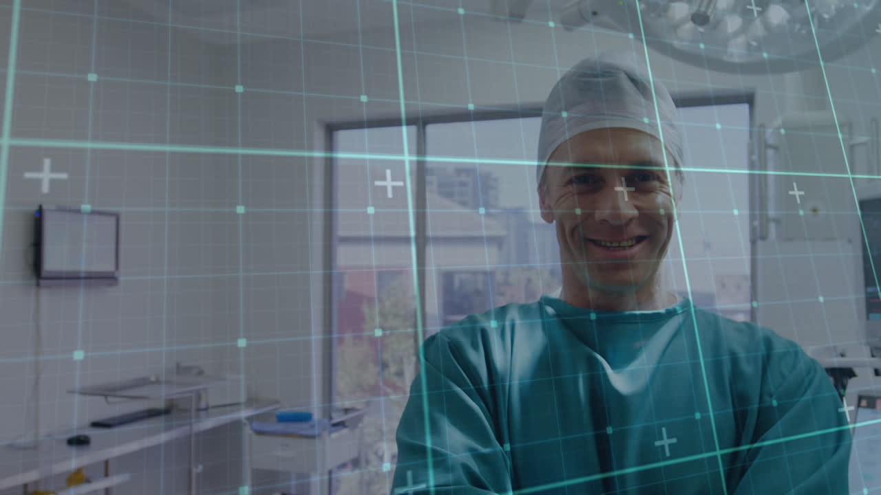 Animation of markers on grid over smiling caucasian male surgeon