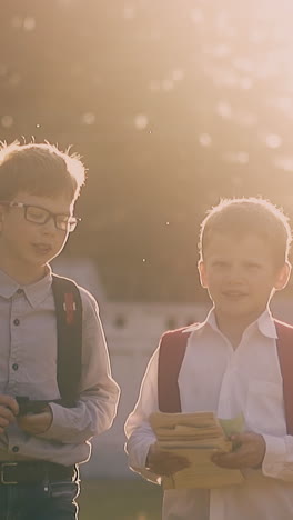 positive schoolboy in glasses and friend carrying books walk in green school yard at back sunlight slow motion