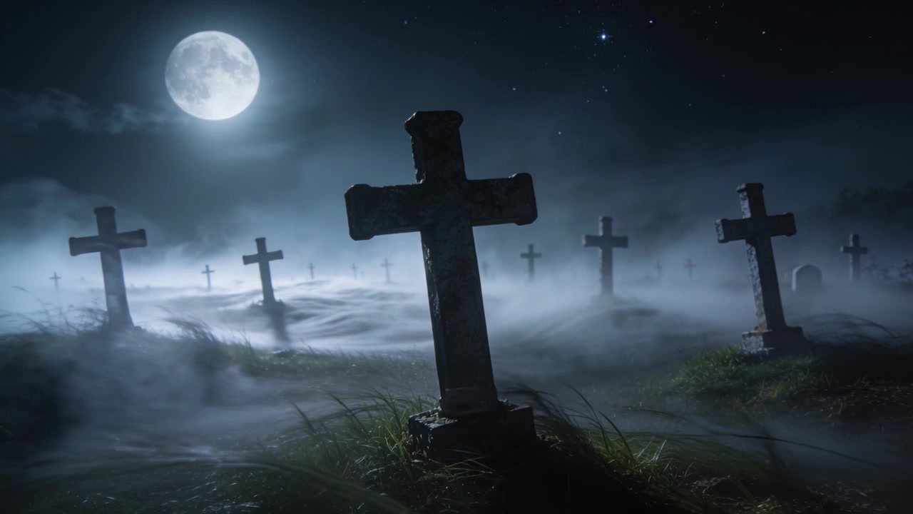Una grande croce di pietra consumata si erge in un cimitero sotto la luna piena, il vento smuove la nebbia e rivela le tombe.