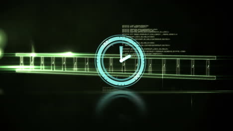animación del reloj de tic-tac, la estructura del adn, el procesamiento de datos y el rastro de luz verde sobre fondo negro