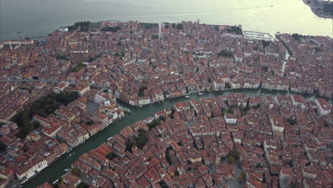 wide aerial shot of canal grande and cannaregio at dusk, venice, italy