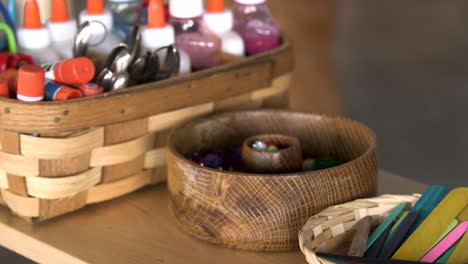 various arts and crafts supplies in baskets