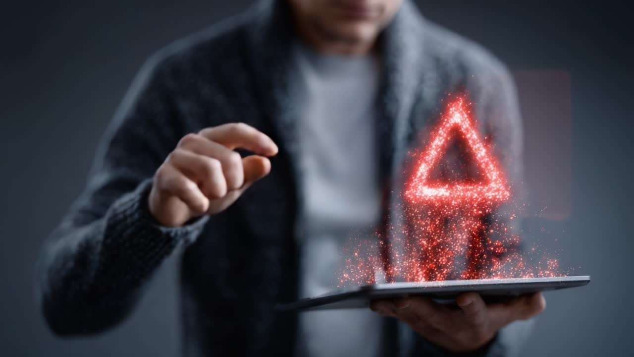 A Person Using a Tablet to Interact with a Three-Dimensional Floating Warning Icon in a Dynamic Digital Environment