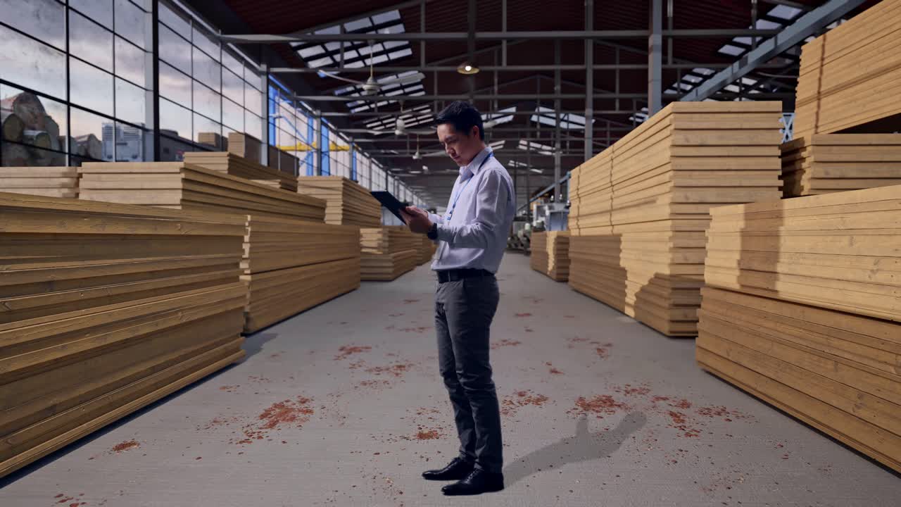Inquadratura laterale a figura intera di un lavoratore professionista asiatico in piedi con il suo tablet, un operaio che ispeziona un magazzino di legname e osserva l'ambiente circostante prima di concentrarsi sul suo tablet.