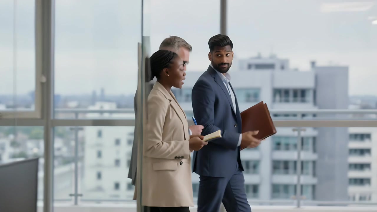 Peeking hand from wall causing three in suits walking to windows discussing space with brown folio