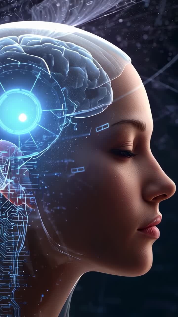 Vertical video: Overlay appearing, holographic brain scanning circuits in lab with glowing blue orb