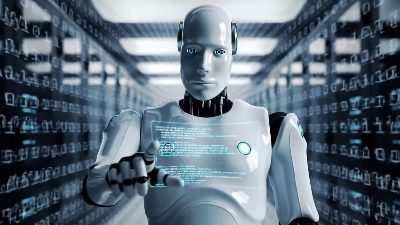 A futuristic robot stands in a corridor of digital data, embodying the intersection of technology and artificial intelligence within a high-tech environment