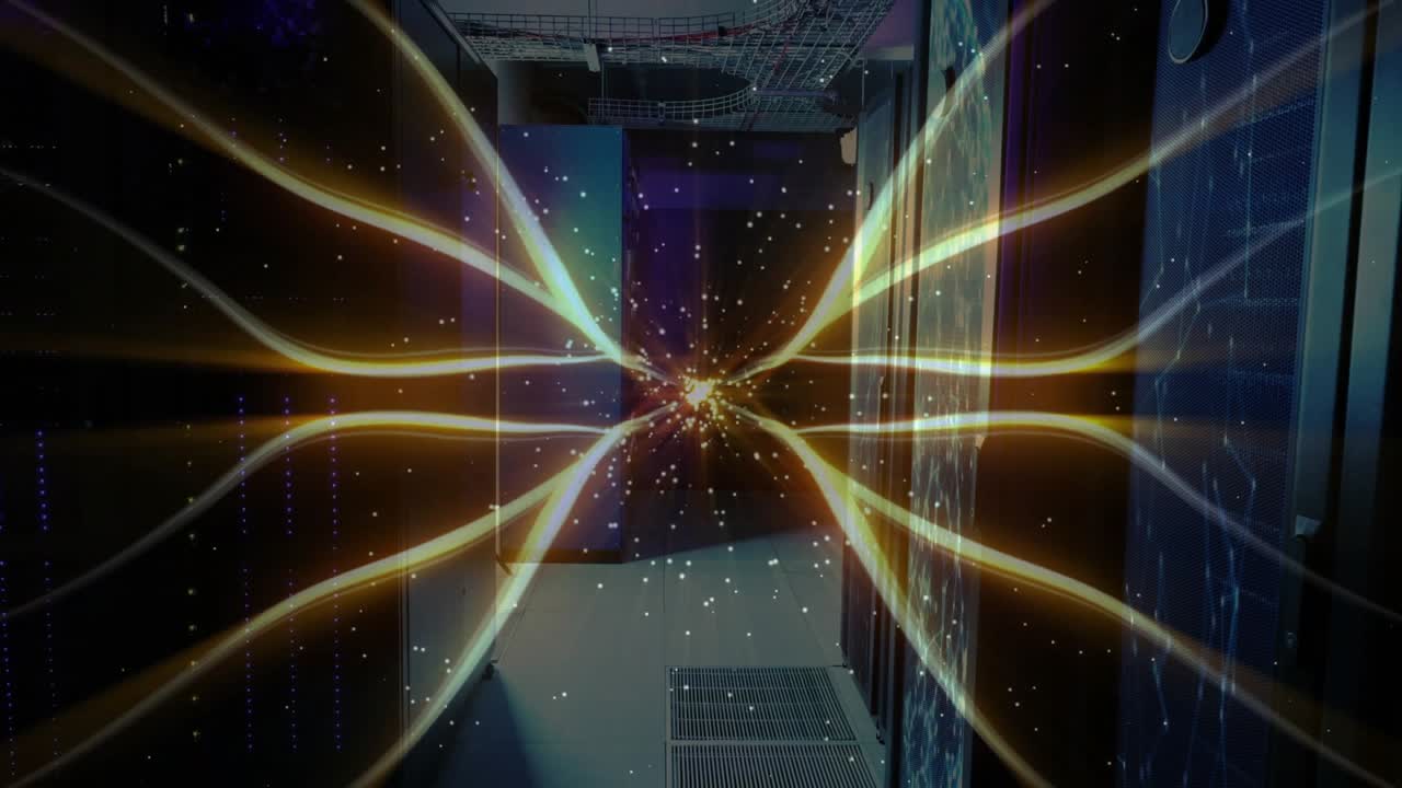 Golden energy core emerging amid racks initiating beams syncing server lights for system overview