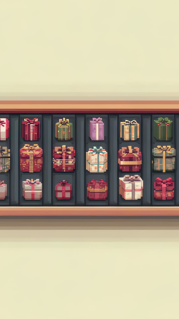 Vertical video: Starting right pan, camera revealing framed display in shop showing wrapped gifts