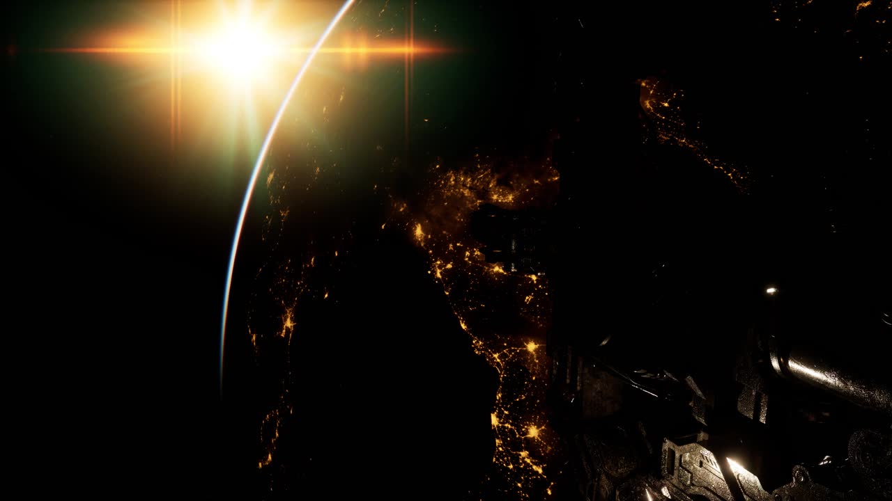 полет космической станции на фоне восходящего солнца