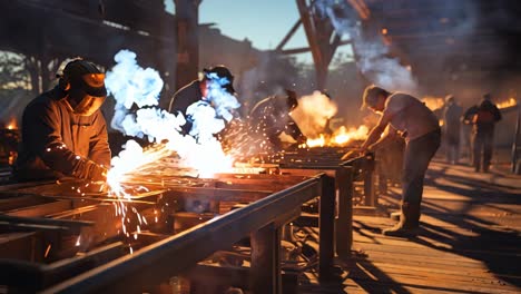 welders working in an industrial setting during sunset