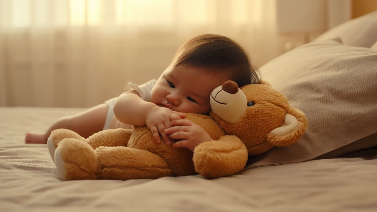 Bambino che dorme abbracciando un orsetto di peluche sul letto, luce dell'ora d'oro attraverso tende trasparenti, morbide texture di lino, caldo.