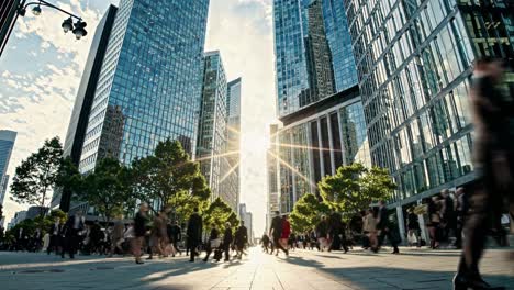 professional businesspeople walking briskly along bustling urban street during golden sunset, surrounded by sleek glass skyscrapers, capturing dynamic city life and corporate energy