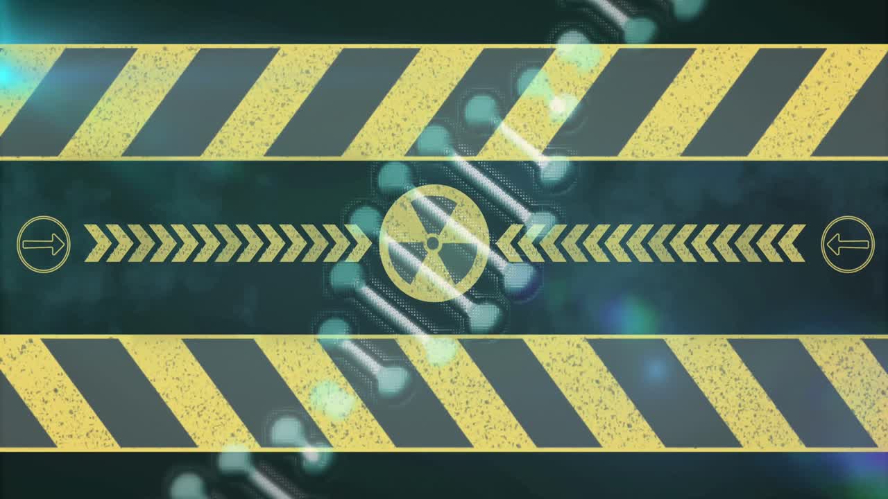 검은 바탕에 있는 방사능 기호 위에 있는 dna 가닥의 애니메이션