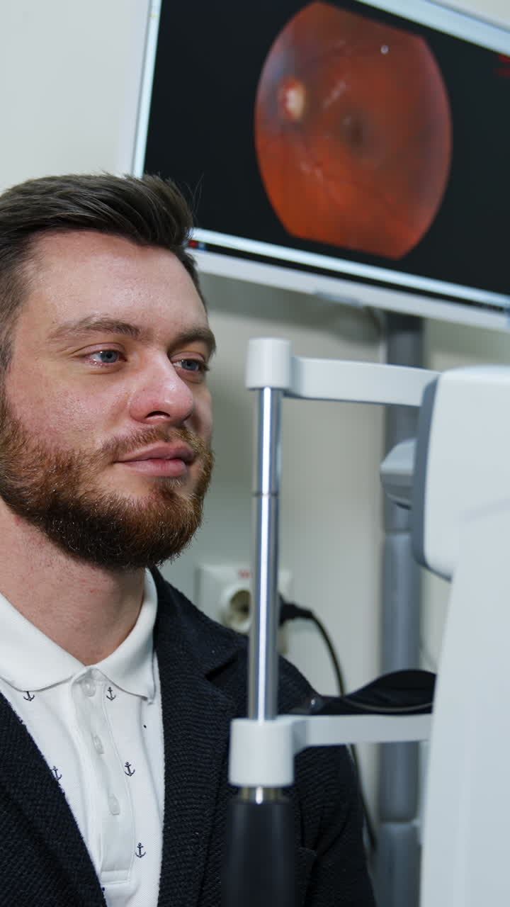 Male patient visits optician. Young bearded man testing his eyes in ophthalmologist office. Checking the eyesight for the patient. Vertical video