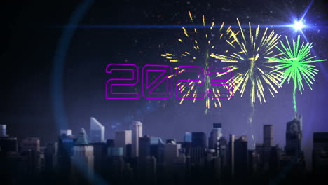animación del texto de 2023 sobre el paisaje urbano y los fuegos artificiales