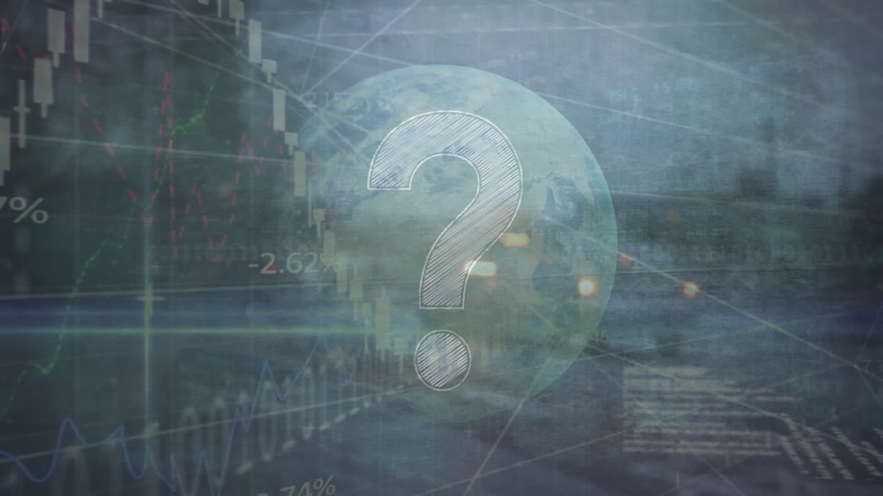 animación del símbolo del signo de interrogación sobre el procesamiento de datos financieros y el globo contra el tráfico de la ciudad
