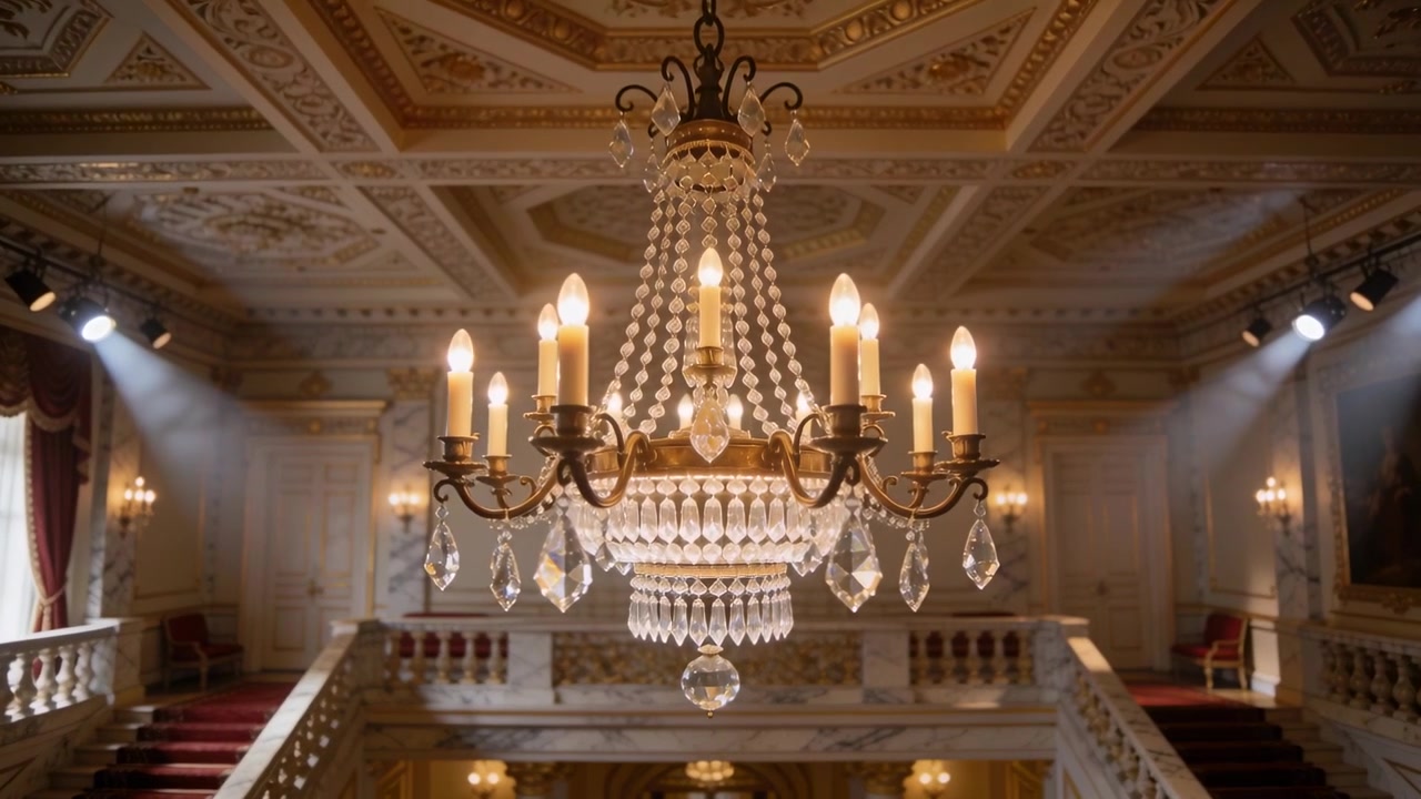 Fari che si accendono, telecamera che si avvicina a un lampadario di cristallo nell'atrio di una sala da ballo, rivelando prismi