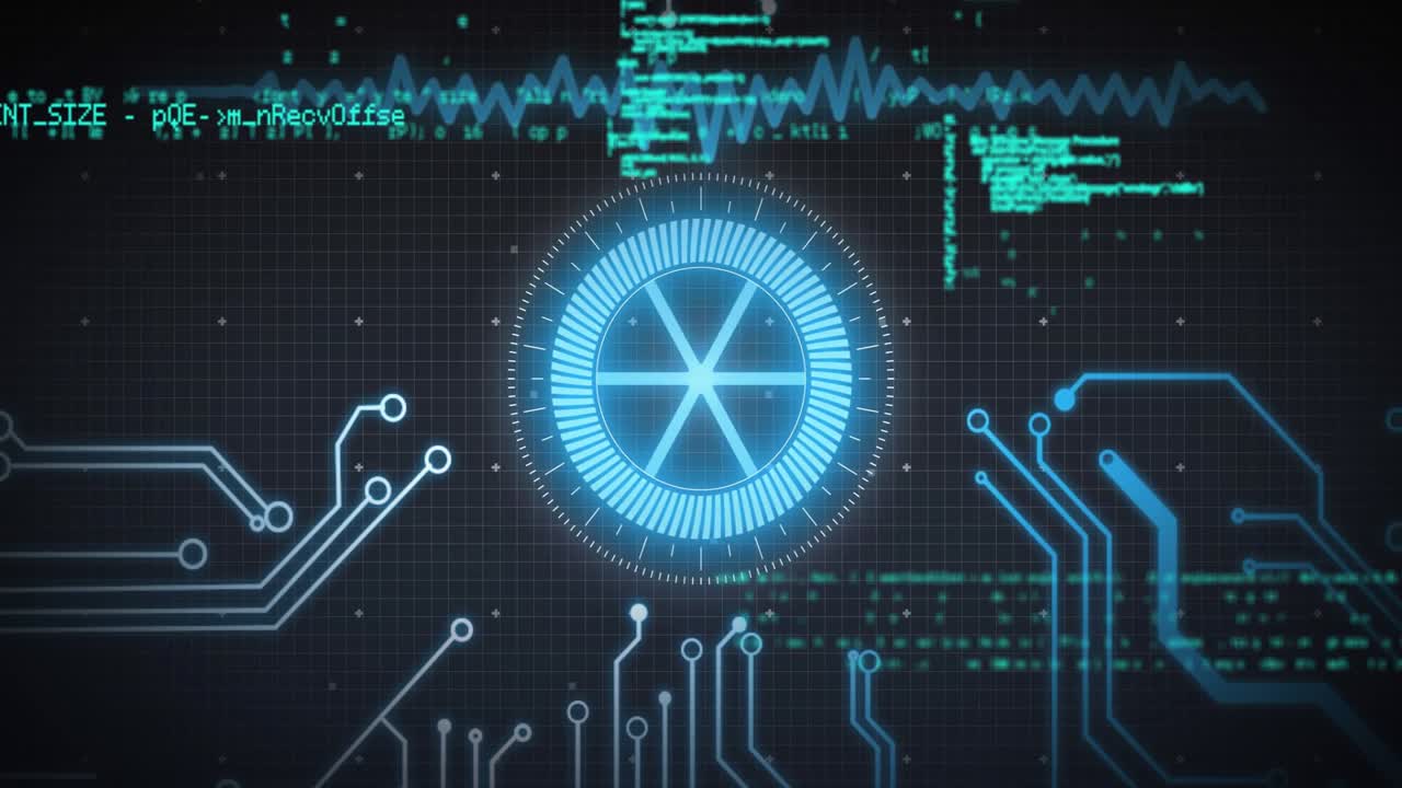 System boot starting, central HUD rotating and pulsing while code streams sorting displaying status