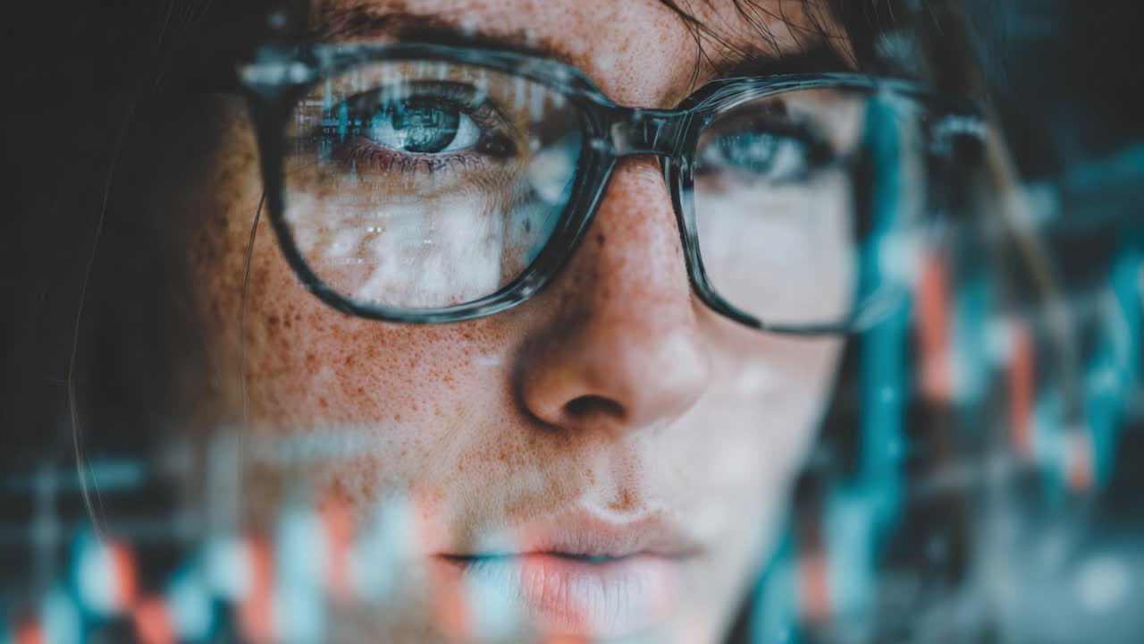 Focused Analysis: A Close-Up of an Individual Contemplating Data Trends Reflected in Glasses, Highlighting the Intersection of Technology and Personal Insight
