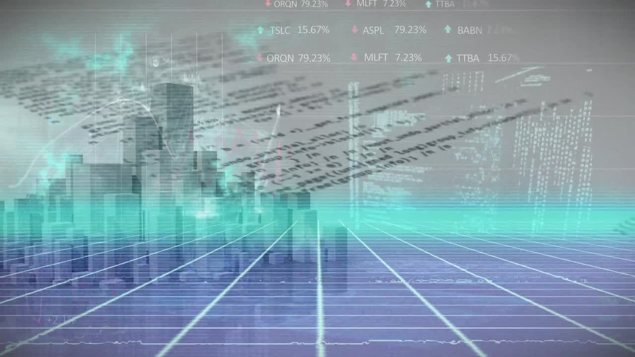 회색 배경에 3d 도시 풍경 모델에 대한 그리드 네트워크를 통해 데이터 처리의 애니메이션