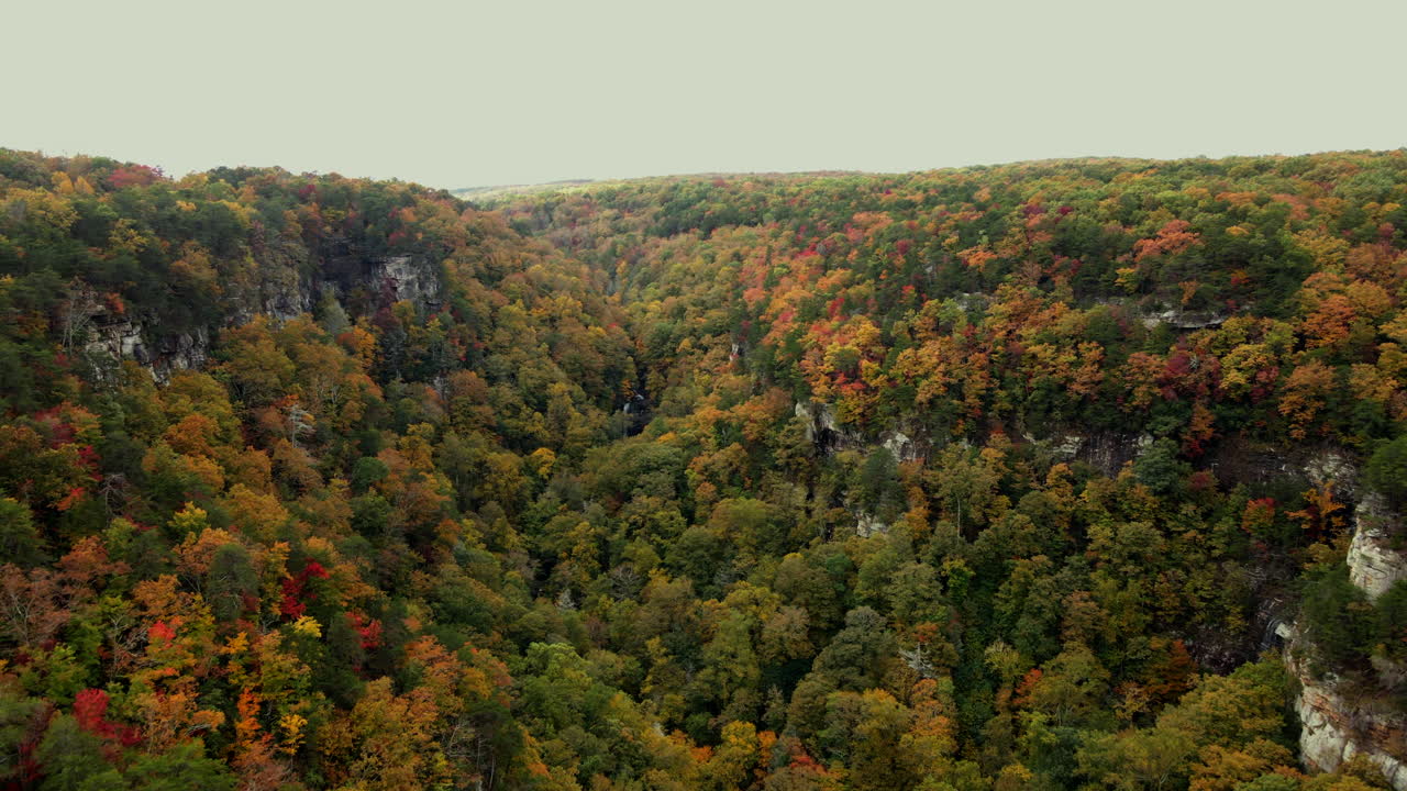toma de drones del cañón cloudland en otoño con árboles multicolores y una cascada