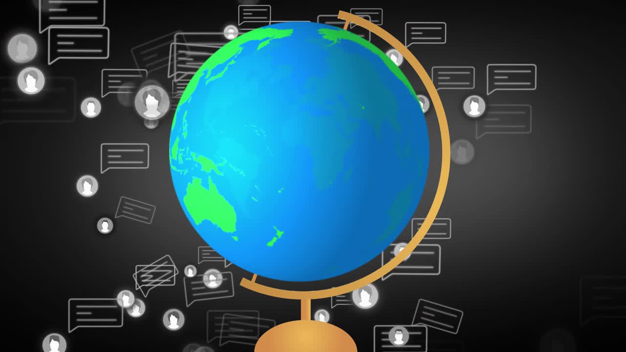 Appare un globo 3D che ruota con bolle di chat e icone utente che orbitano, mostrando una rete globale.
